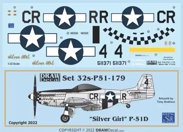 Meilleur Choix Draw Decal 32-P51-179 North American P-51 D - "Silver Girl"