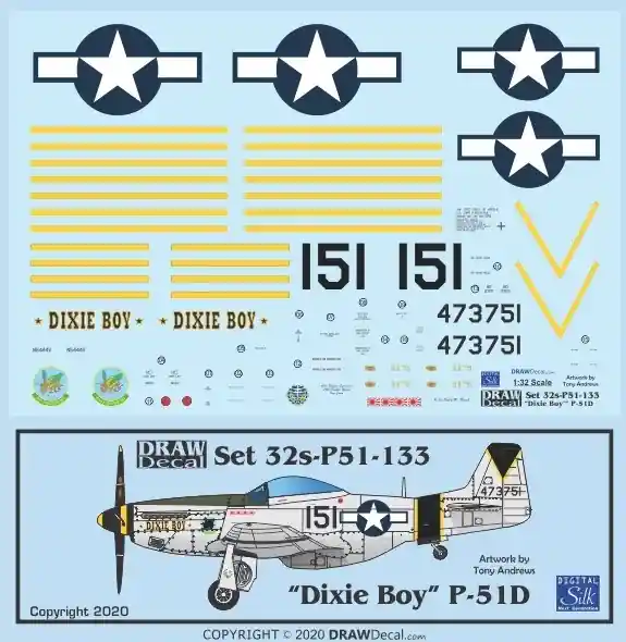 Draw Decal 32-P51-133 North American P-51 D - "Dixie Boy" Commander Maintenant