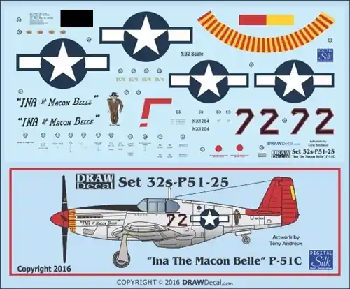 Retour Gratuit Draw Decal 32-P51-25 North American P-51 C - "Ina the Macon Belle" Gathering of Mustangs and Legends