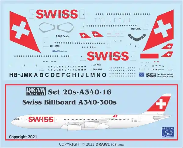 Offre Spéciale Draw Decal 20-A340-16 Airbus A340-300 - Swiss Billboard