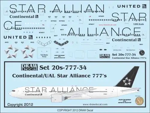 Dernier Modèle Draw Decal 20-777-34 Boeing 777-224ER - Continental / United Star Alliance