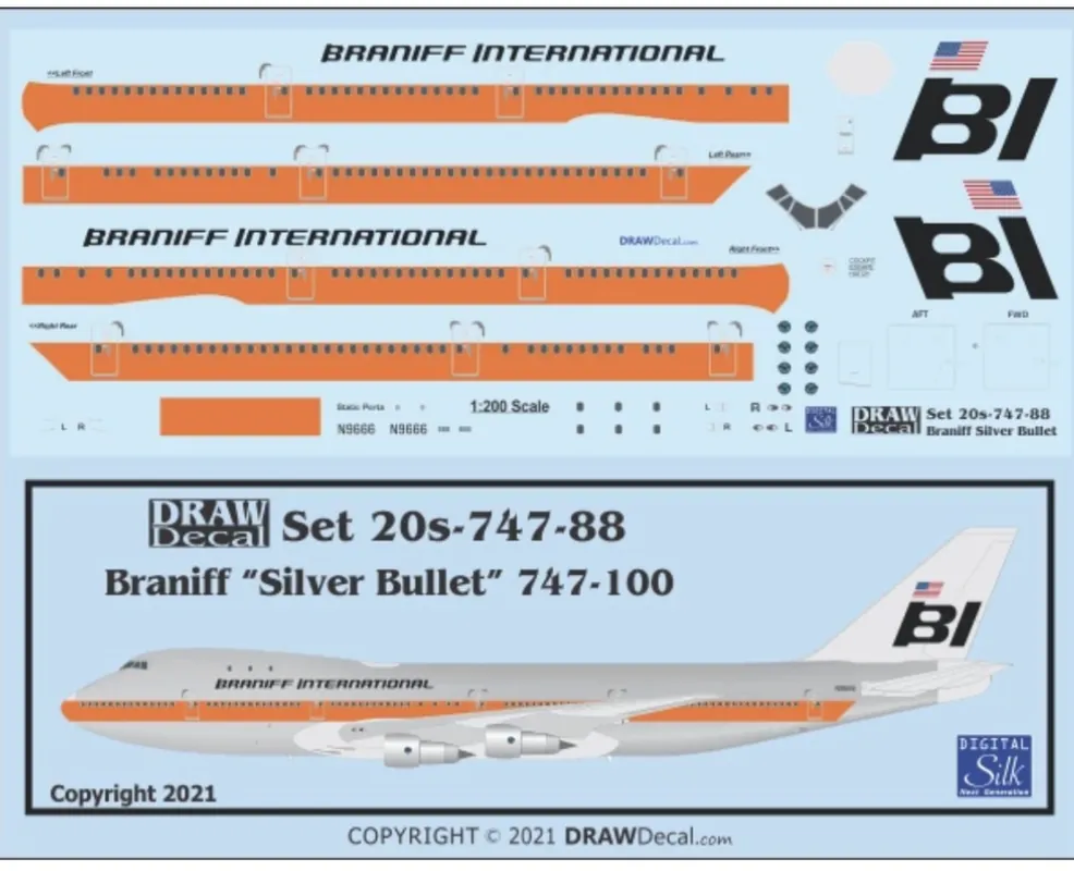 Draw Decal 20-747-88 Boeing 747-100 - Braniff "Silver Bullet" Dernier Modèle