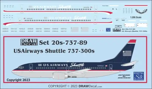 Pas Cher Draw Decal 20-737-89 Boeing 737-300 - US Airways Shuttle