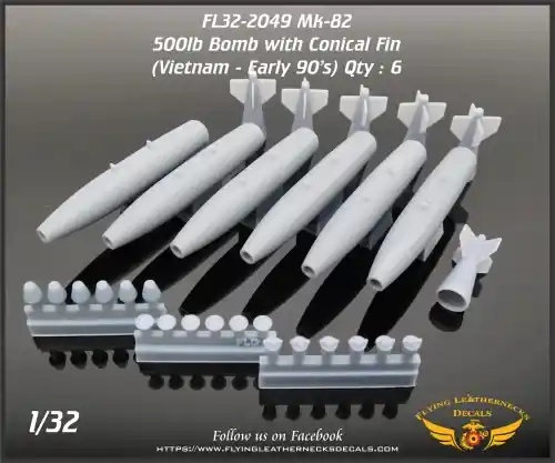 Retour Gratuit Flying Leathernecks 32-2049 Mk-82 500lb bomb with conical fins (from Vietnam War to Desert Storm) - 3D-Printed (6 pcs)