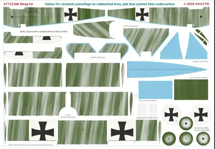 Aviattic ATT32306 Fokker Dr.I - streaked camouflage on unbleached linen / pale blue painted linen undersurfaces (for Meng kits) Commander Maintenant