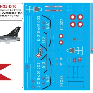 Lima November Decals 32-D10 Royal Danish Air Force General-Dynamics F-16 A - E-190 H.K.H. Kronprinsen 50 Year Scheme Expédié Aujourd'hui