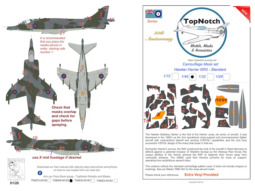 Offre Exclusive TopNotch 32-M183 BAe Harrier GR.1/GR.3 - standard camouflage pattern paint masks (for Revell kits)