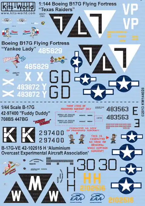 Kits World 144028 Boeing B-17 G Flying Fortress Decal Sheet Retour Gratuit