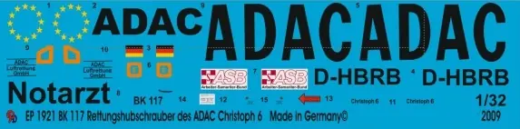 Solde Peddinghaus-Decals 1921 BK 117 Rescue Helicopter Of The ADAC Christoph 6 D-HBRB