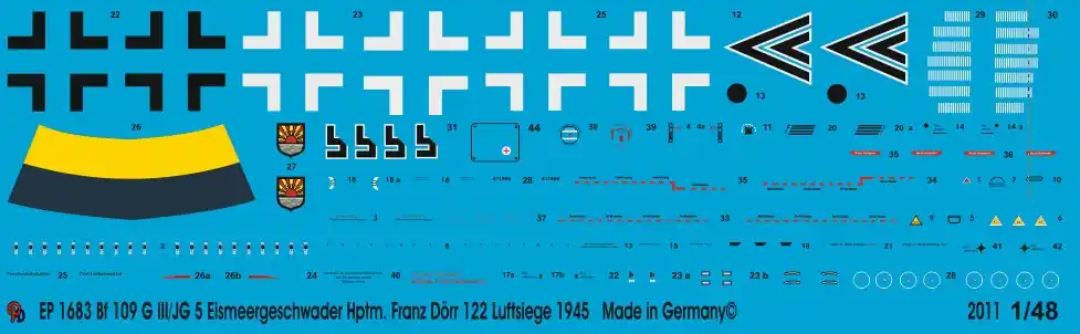 Peddinghaus-Decals 1683 Bf 109 G Hptm Franz Dörr III/JG 5 Comodore With 122 Kill Marks 1945 Commander Maintenant