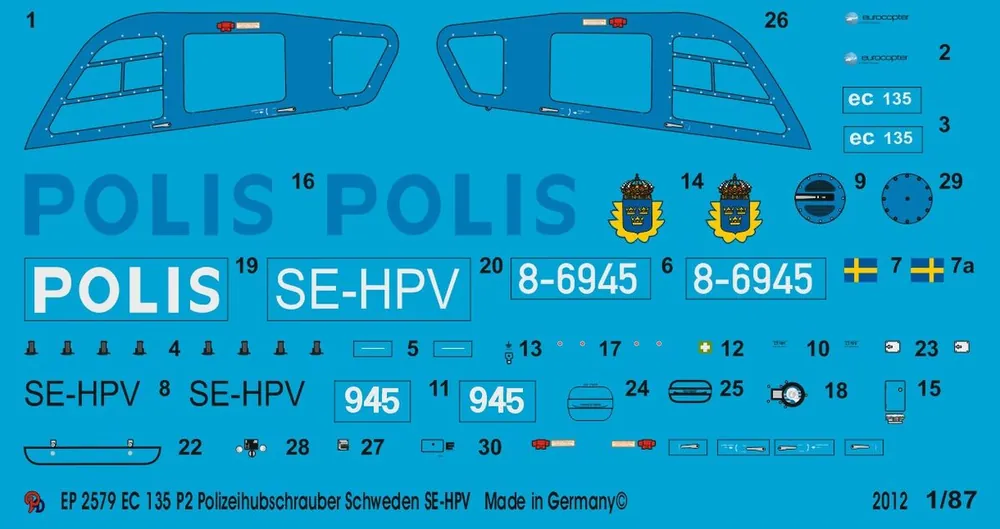 Peddinghaus-Decals 2579 EC 135 P2 Police Helicopter Sweden SE-HPV Populaire